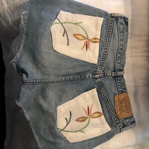 Custom Levi Denim Shorts size 2 ish- see measurements on tag floral patchwork